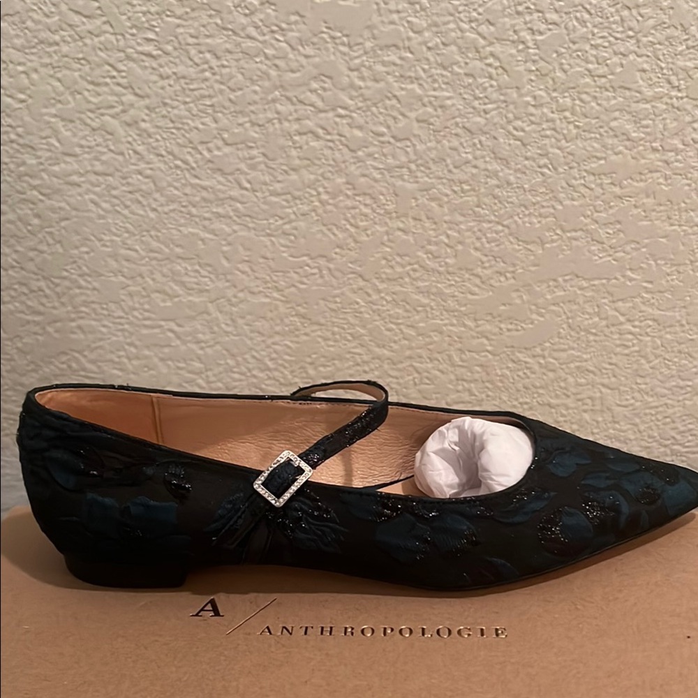 Anthropologie Black Flats with Pointed Toe and Textured Fabric
